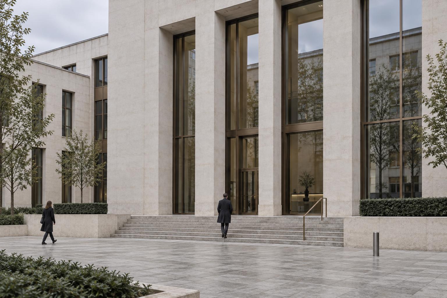 Limestone and bronze institutional building exterior in soft daylight